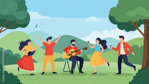 Group of diverse young friends singing, dancing, and playing guitar during an outdoor summer gathering in a green park.