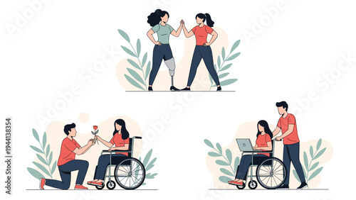 Inclusion and empowerment concept showcasing disabled individuals living active lives, including sports and romantic gestures.