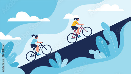Two cyclists riding their bicycles up a steep blue hill against a bright sky with fluffy clouds for fitness and sport.