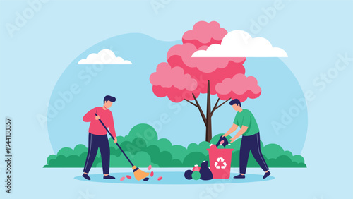 Community volunteers cleaning up a public park by sweeping leaves and putting trash into a recycling bin near pink trees.