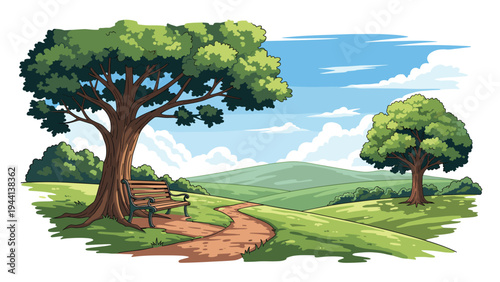 Serene landscape illustration of a park featuring a wooden bench under a large tree with a winding path leading to green hills.