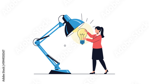 Conceptual illustration of a woman standing and changing a large glowing lightbulb in an oversized blue desk lamp.
