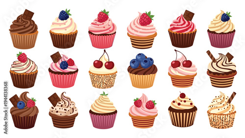 Delicious collection of various cupcakes with different toppings like berries, chocolate, and cream in a flat illustration style.