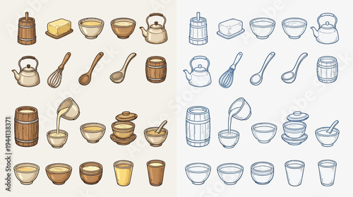 Collection of various kitchenware and food items, presented in both colored and line-art versions.