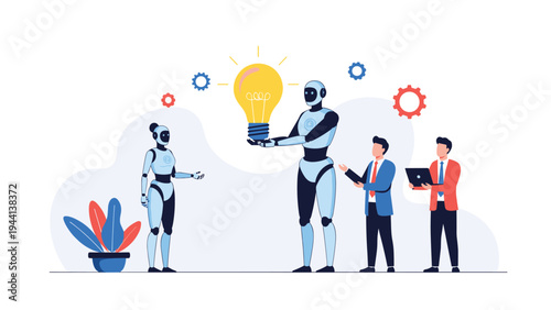 Future of work concept showing humans and robots collaborating on an innovative project with a large glowing light bulb.