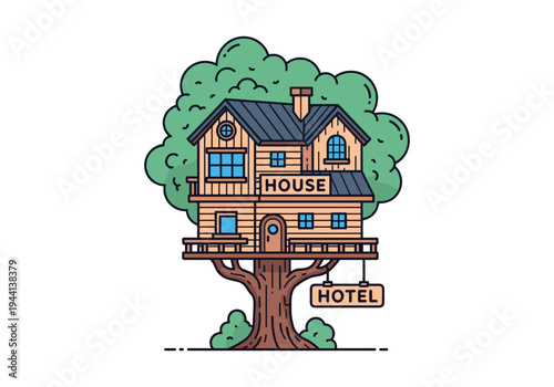 Unique treehouse hotel with a charming wooden facade and lush green foliage