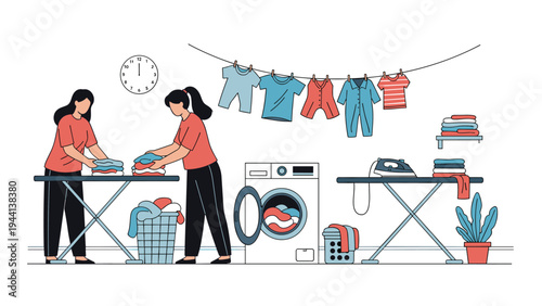 Domestic chores scene with two women folding clothes, using a washing machine, and ironing in a modern laundry room.