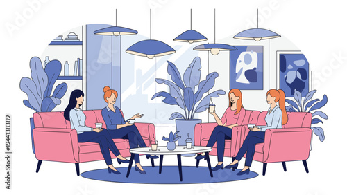 Group of diverse women relaxing on pink sofas in a modern cafe or office lounge while drinking coffee and socializing.