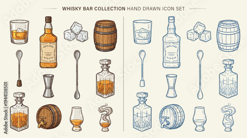 Collection of hand-drawn icons representing various elements associated with a whisky bar, including bottles, glasses, barrels, ice cubes, and bar tools.