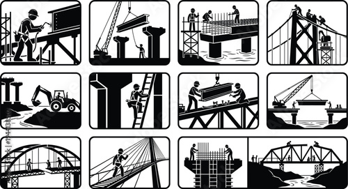 Professional Bridge Construction Icon Set Featuring Civil Engineers Working on Steel Girders Bridge Pier Foundations Infrastructure Development and Highway Overpass Silhouettes