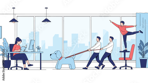 Chaotic office scene with diverse people doing yoga walking a large dog and reading while city skyline is visible through large window.