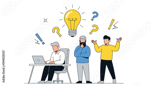 Group of business people working together on laptop and thinking of new ideas represented by lightbulb and question mark icons above.