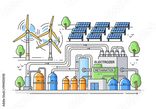 Renewable energy plant with wind turbines and solar panels producing green methane