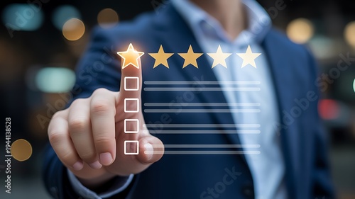 Business professional selecting five stars for a rating system