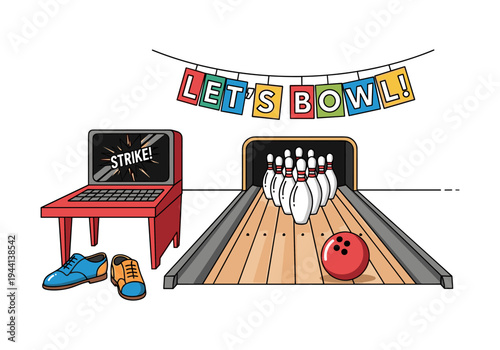 Digital bowling alley with strike on screen and shoes ready for fun