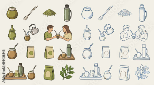 A collection of illustrations depicting the traditional South American beverage, Yerba Mate, including its preparation and consumption.