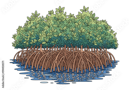 Illustration of a lush mangrove tree with complex aerial roots growing in water