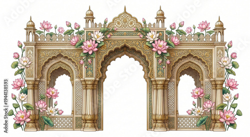 Ornate golden gateway featuring floral arrangements and intricate arches ideal for design projects on transparent background high-quality