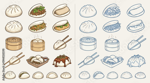 Collection of various Asian dumplings and steamed buns, presented in both colored and outline styles.