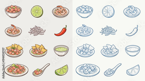 A collection of colorful and detailed illustrations of various seafood dishes and their ingredients, presented in two distinct styles.