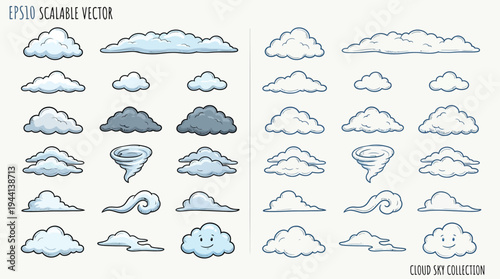 Collection of various cartoon-style cloud illustrations, including different shapes, sizes, and some with faces, alongside a tornado graphic.