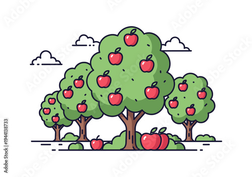 Stylized illustration of an apple orchard with ripe red apples on trees and on the ground