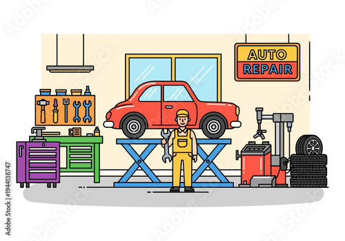 Mechanic working on a car in an auto repair shop with tools and equipment