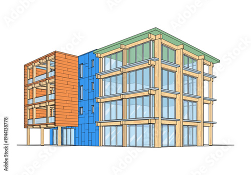 Modern timber frame building with exposed wood beams and large glass windows