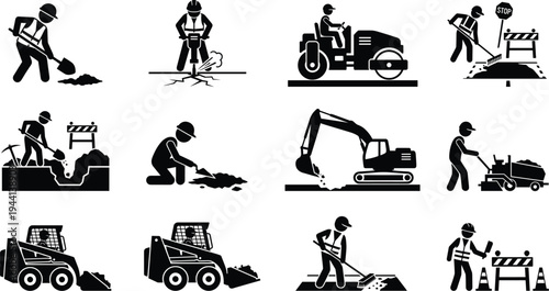 Professional Road Construction Icon Set Featuring Workers with Jackhammers Excavators Road Rollers and Maintenance Crew Silhouettes for Infrastructure Projects