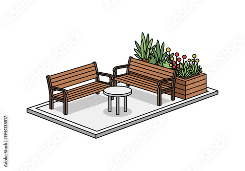 Isometric illustration of a park bench seating area with a small table and planter box