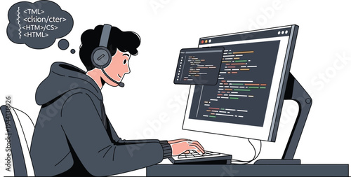 Programmer working on computer with coding on screen and thoughts