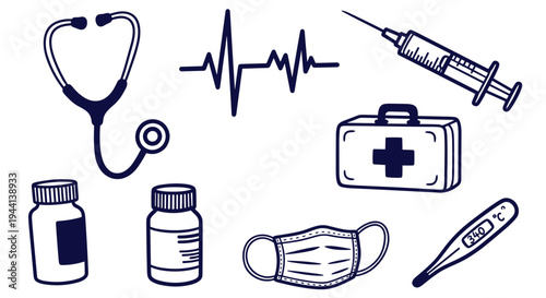 Medical health care icons stethoscope syringe first aid kit and thermometer on white background