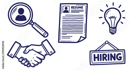 Hiring process concept with resume magnifying glass handshake and lightbulb idea