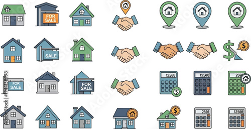 Collection of colorful house and money icons in various styles
