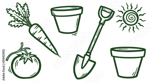 Gardening illustration with carrot tomato pots shovel and sun