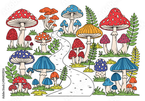 Whimsical forest path winding through a vibrant collection of colorful cartoon mushrooms