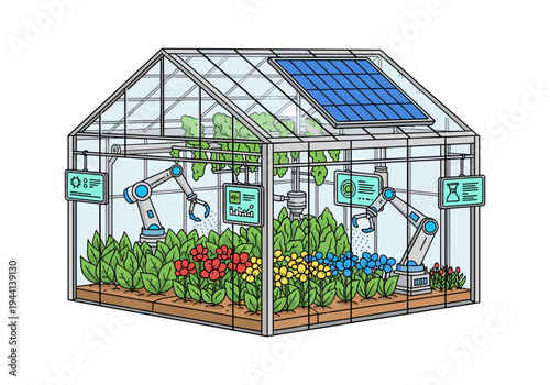 Robotic arms tending to plants in a futuristic greenhouse with solar power and data screens