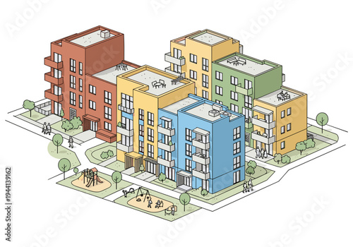 Colorful apartment buildings with balconies and a playground in a modern urban neighborhood