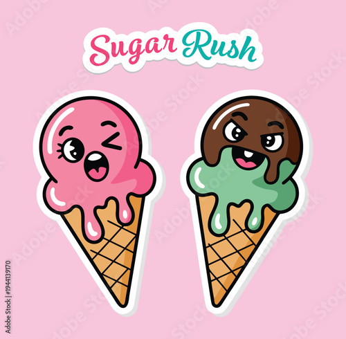 Cute Ice Cream Cone Character Cartoon Stickers.