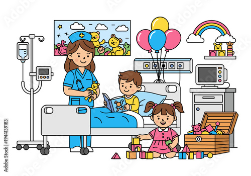 Nurse caring for children in a hospital room with toys and medical equipment