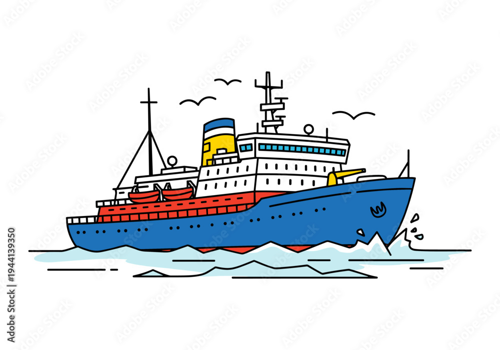 Obraz premium Stylized illustration of a blue and red icebreaker ship navigating through choppy waters