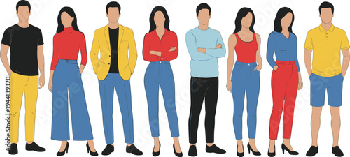 Cartoon diverse men and women in colorful casual and business casual outfits standing together in lifestyle fashion design