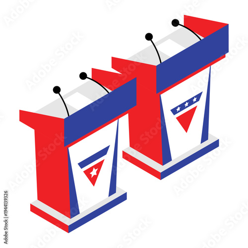 Isometric debate platforms for Republican Democratic presidential race. 3D vector isolated on white background