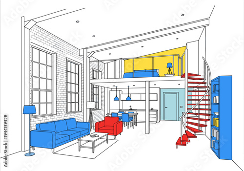 Modern loft apartment interior design with colorful furniture and spiral staircase