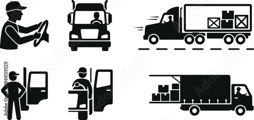 Professional Trucking and Logistics Icon Set Featuring Semi-Truck Drivers Delivery Vehicles Freight Transport and Cargo Loading Silhouettes