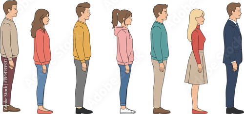 Cartoon diverse men and women in casual and formal outfits standing in fashion lineup design