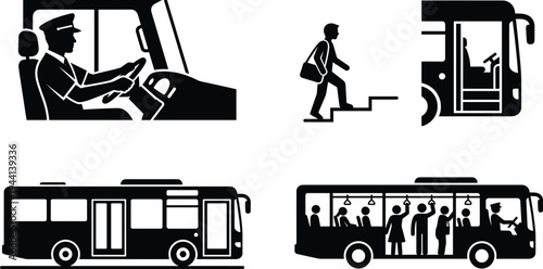 Professional Public Bus Transport Icon Set Featuring Bus Drivers Commuters Boarding Passengers and City Transit Silhouettes for Urban Mobility