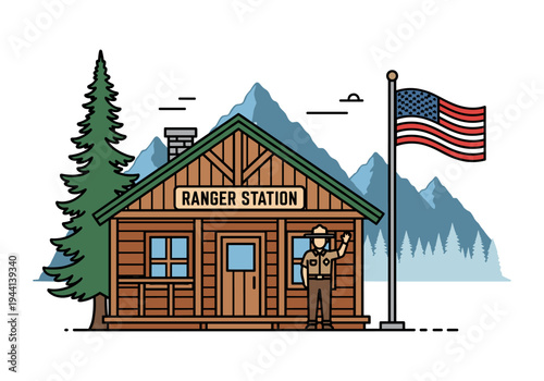 Illustration of a ranger station with a park ranger waving and an American flag flying