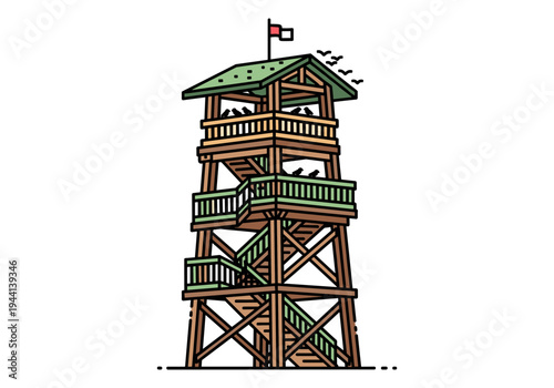 Illustration of a wooden observation tower with multiple levels and stairs, featuring birds and a flag
