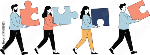 Cartoon diverse people carrying colorful puzzle pieces symbolizing teamwork, collaboration, and problem‑solving design